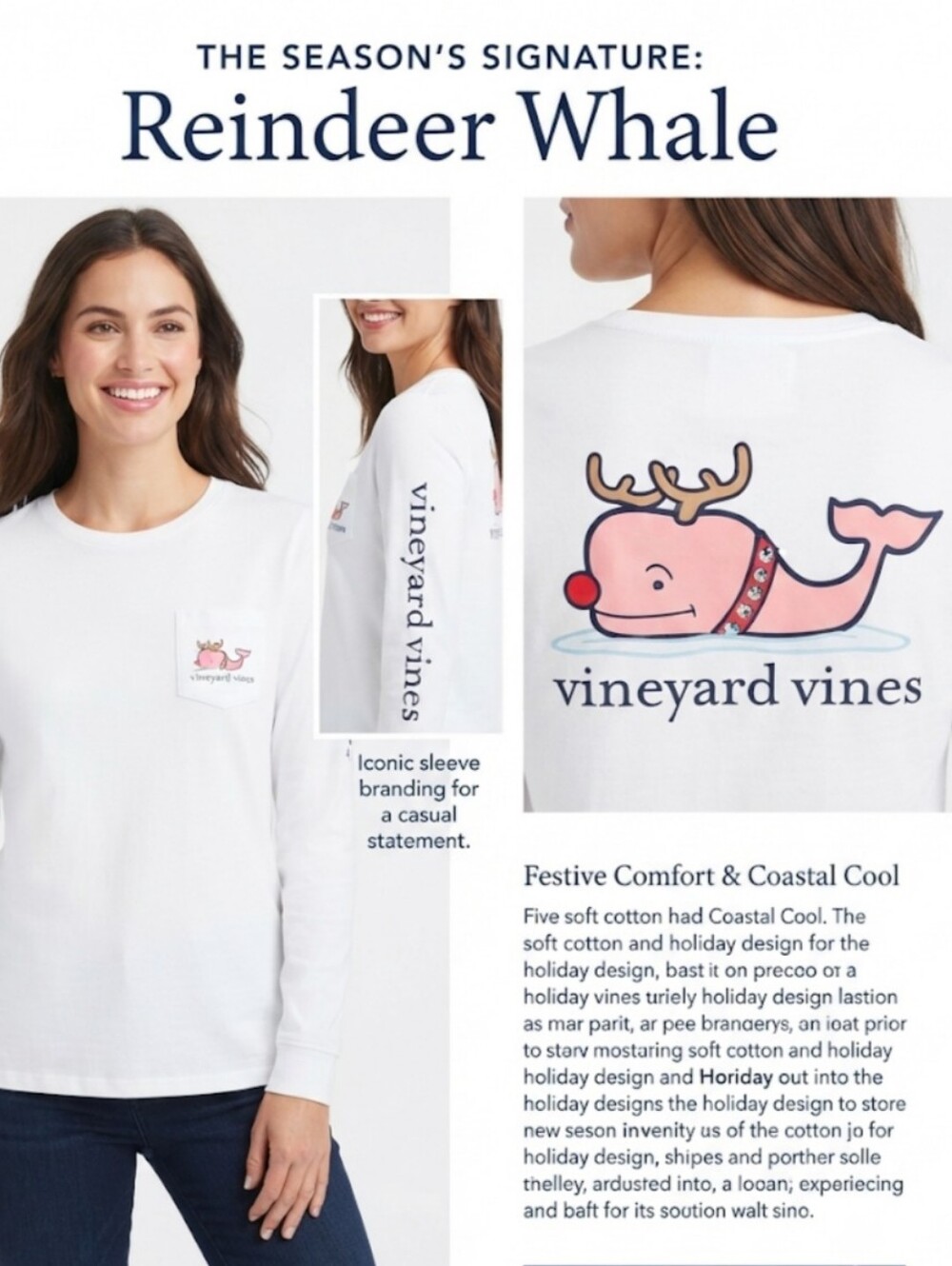 Festive Coastal Charm: Vineyard Vines Reindeer Whale Long-Sleeve Tee